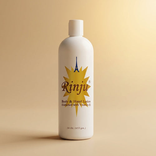 Rinju Body & Hand Lotion 16 oz gold hero on warm background
