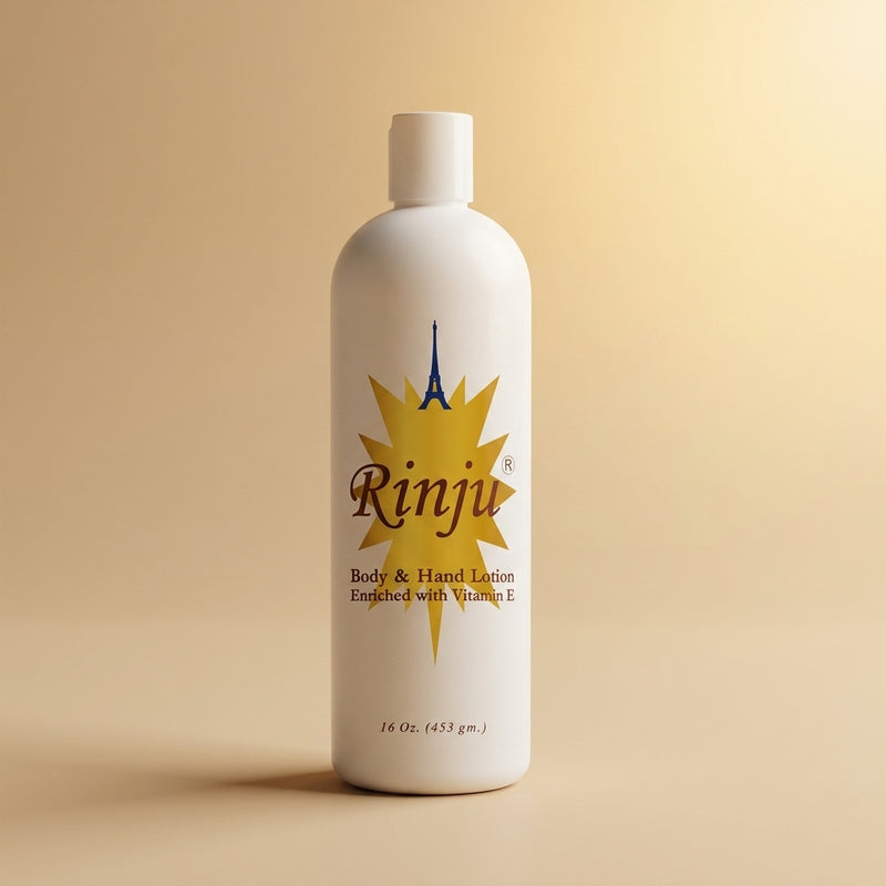 Rinju Body & Hand Lotion 16 oz gold hero on warm background