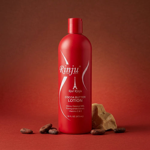 Red Rinju Cocoa Butter Lotion 16 fl oz hero with cocoa beans