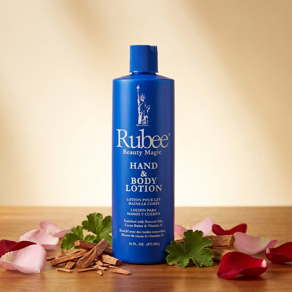 Rubee Hand & Body Lotion 16 fl oz hero with rose petals and sandalwood