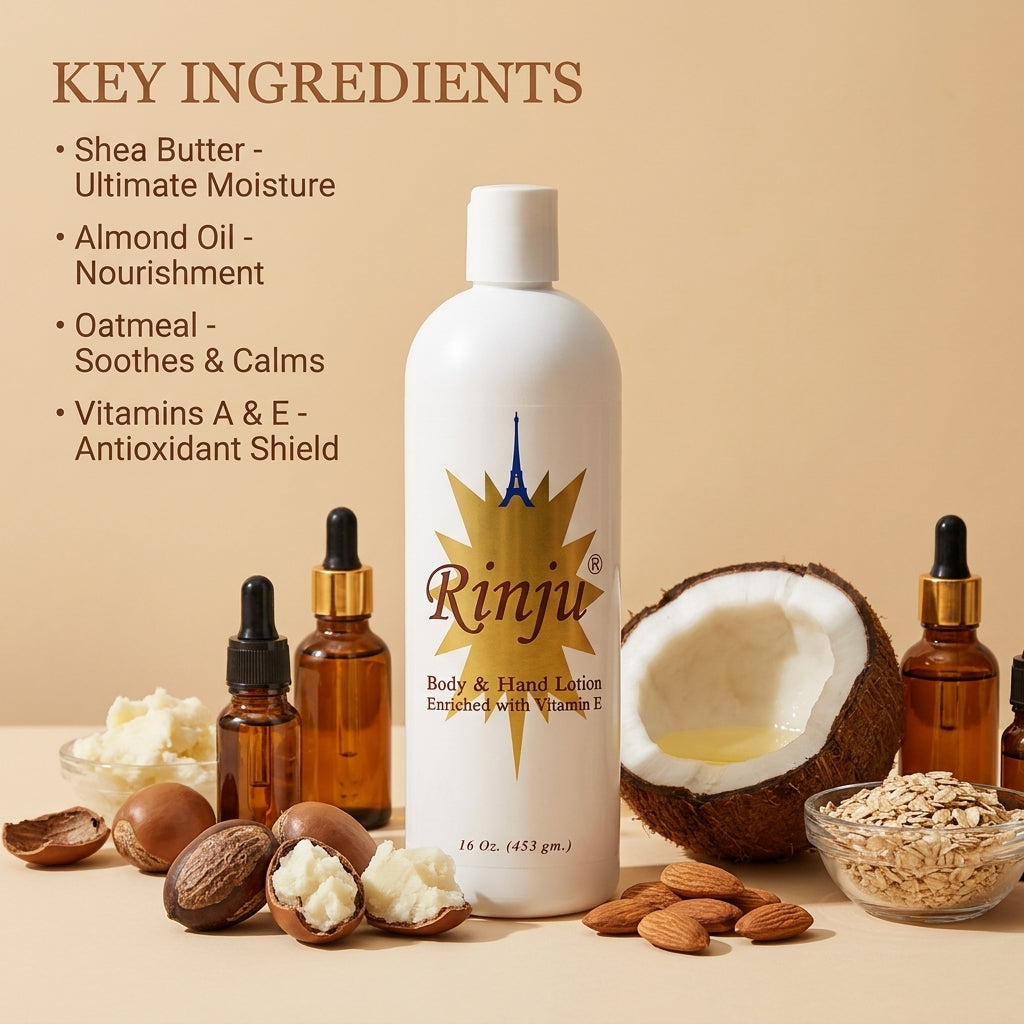 Rinju Gold key ingredients shea butter almond oil oatmeal vitamins A and E