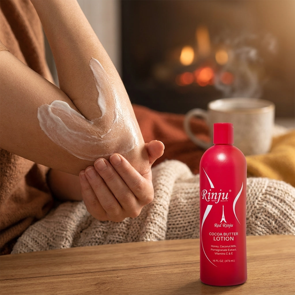 Applying Red Rinju cocoa butter lotion to dry skin in winter