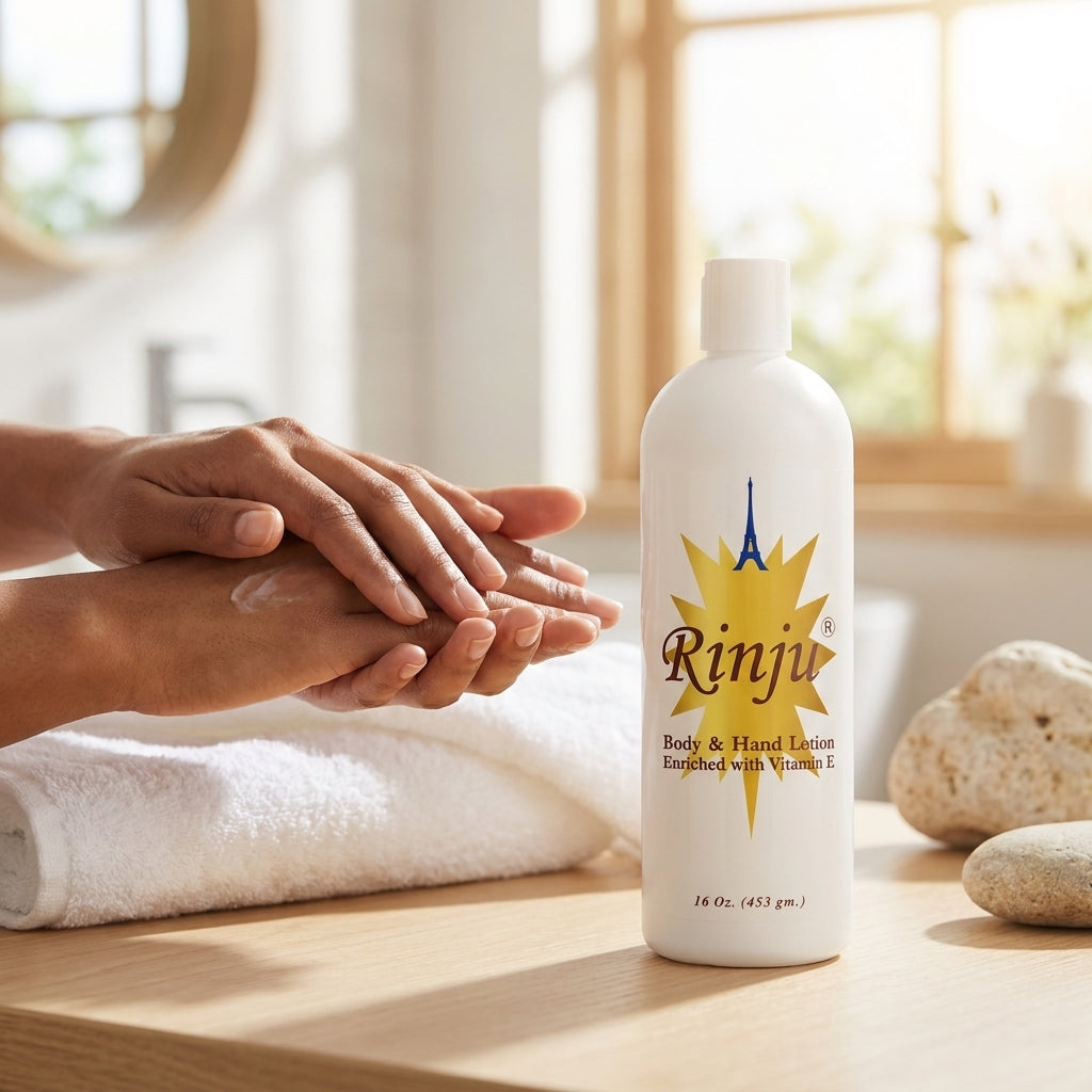 Applying Rinju Gold body and hand lotion in a morning routine