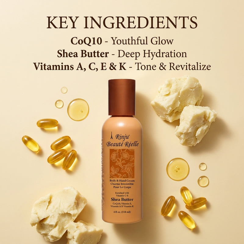 Rinju Beaute Reelle travel key ingredients CoQ10 Shea Butter Vitamins A C E and K