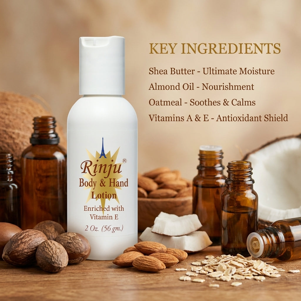 Rinju Gold travel key ingredients shea butter almond oil oatmeal vitamins A and E
