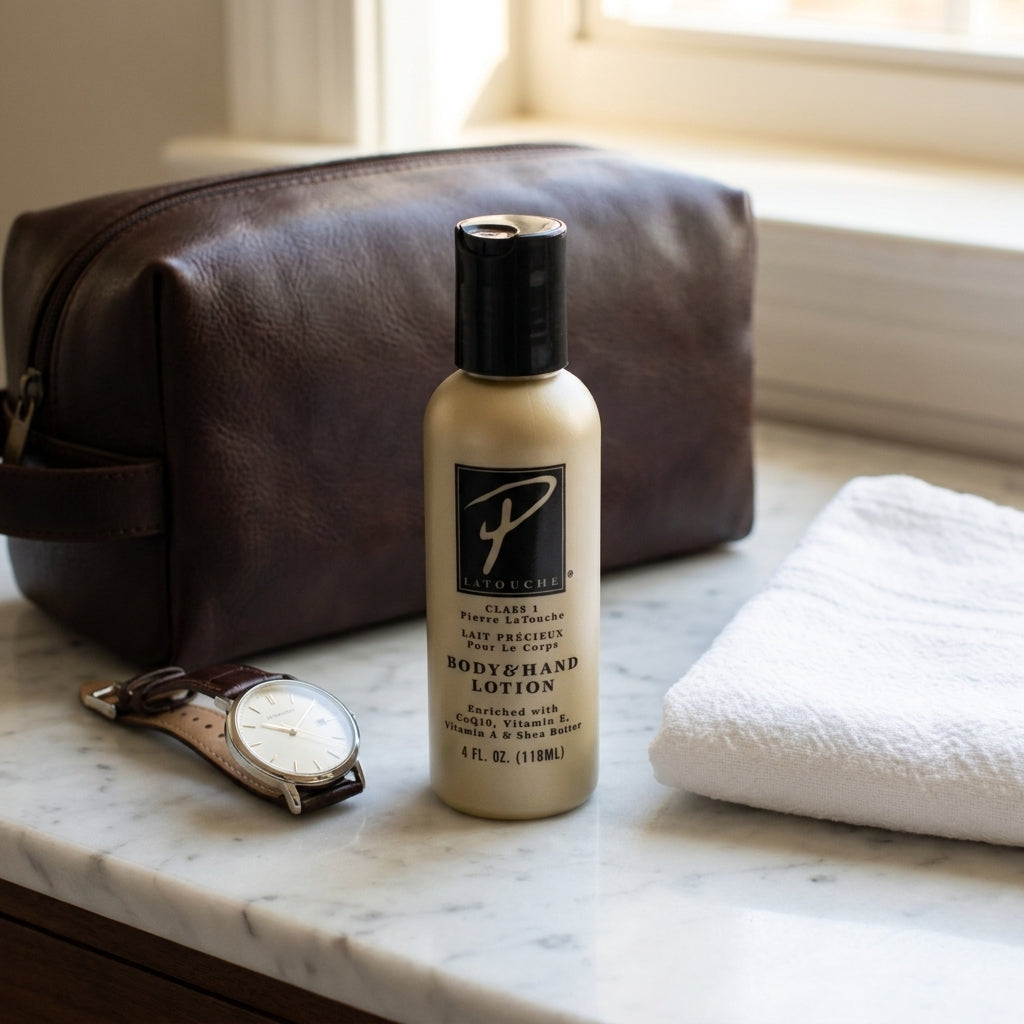 Pierre La Touche travel size beside a dopp kit on the go