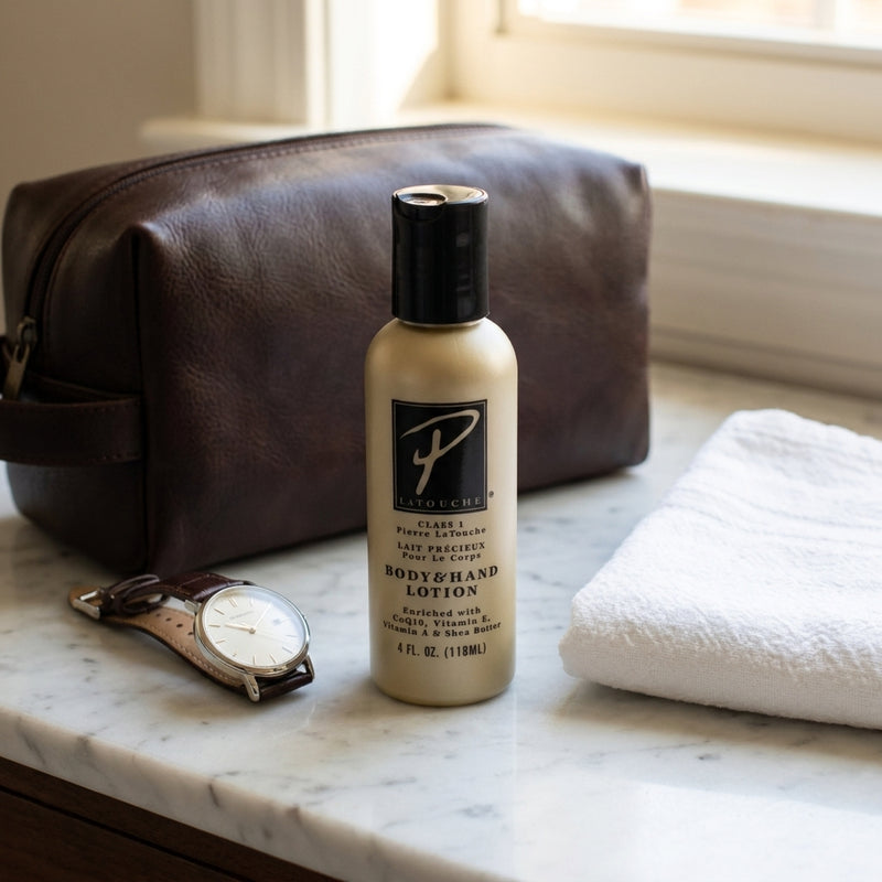 Pierre La Touche travel size beside a dopp kit on the go