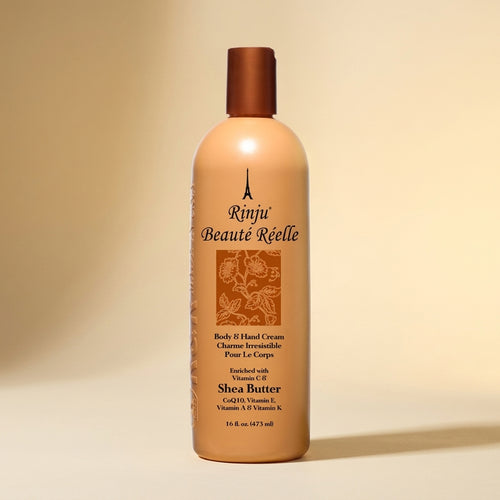 Rinju Beaute Reelle Body & Hand Cream 16 fl oz hero on cream and gold background