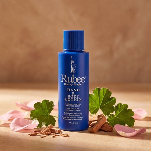 Rubee travel size hero with rose petals and sandalwood