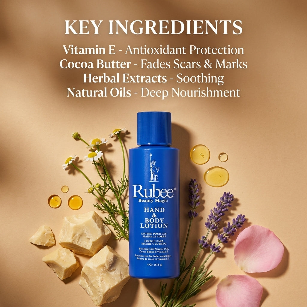 Rubee travel key ingredients Vitamin E cocoa butter herbal extracts natural oils