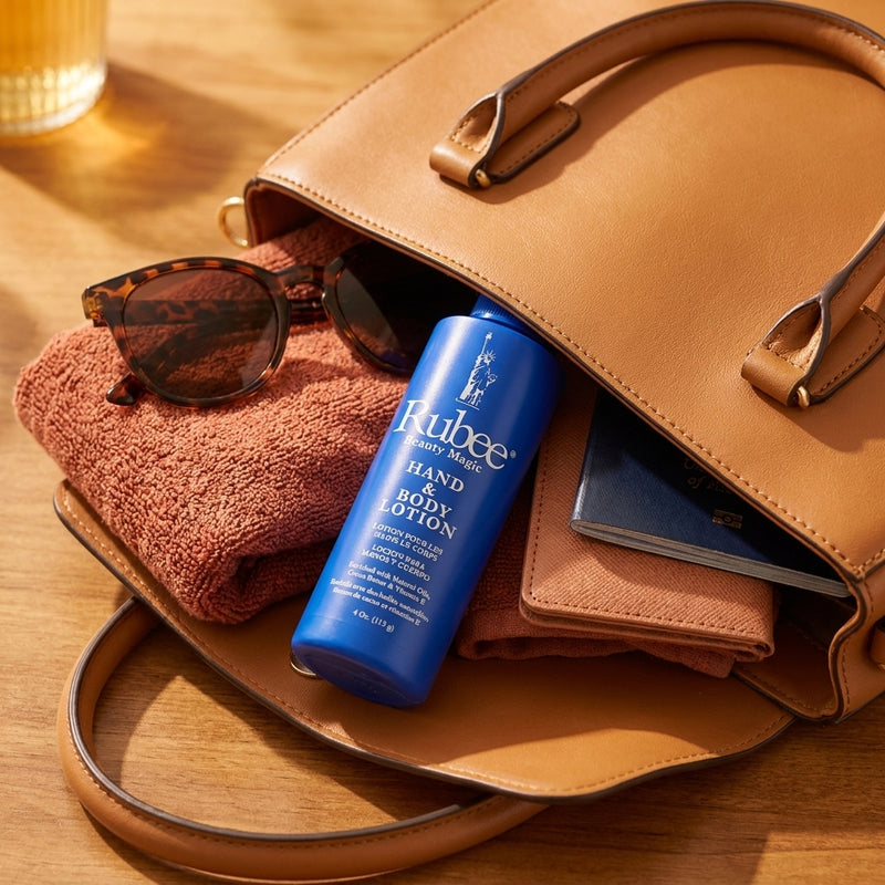 Rubee travel size tucked in a handbag on the go